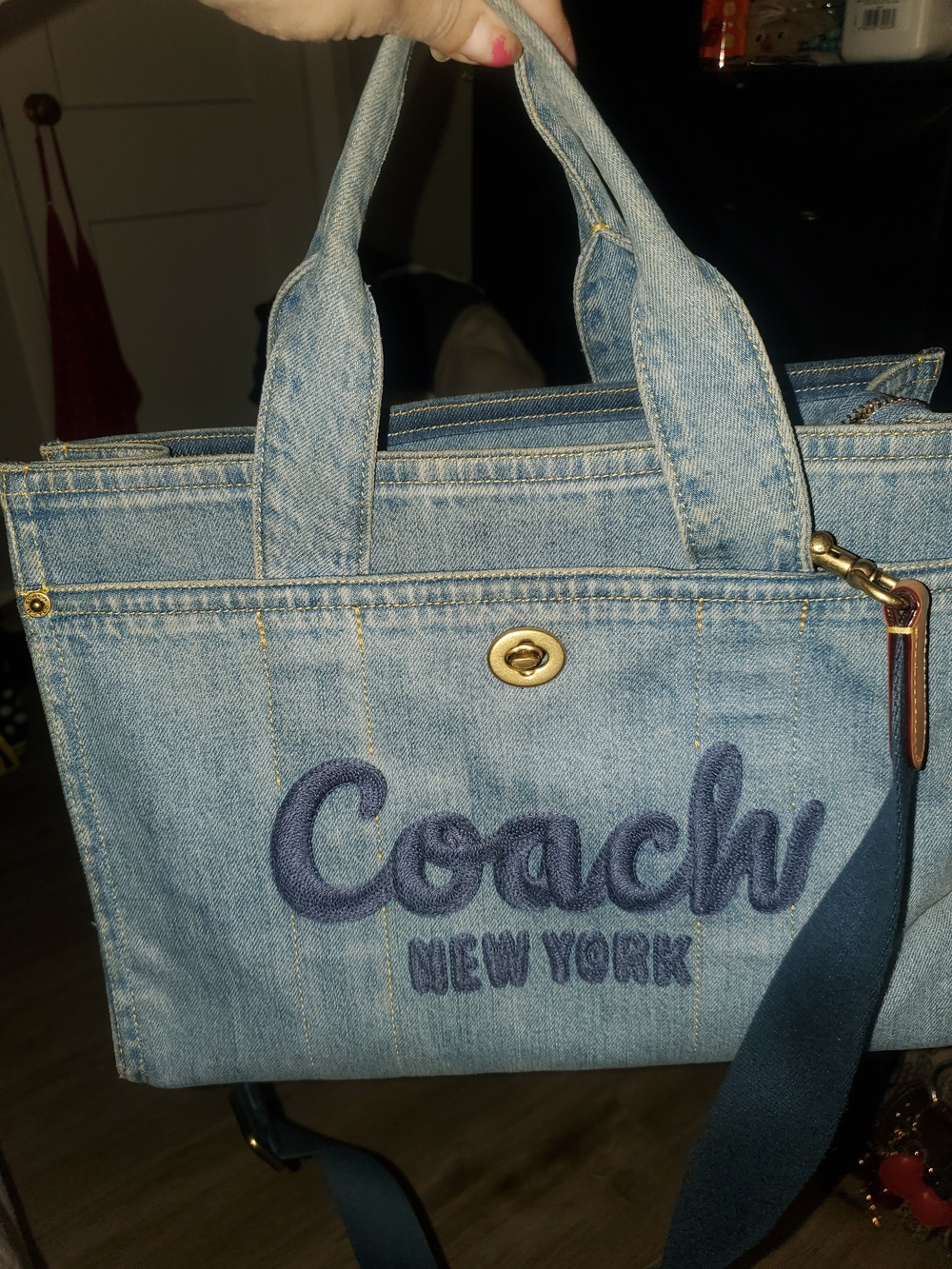 Coach Light Blue Denim Tote with Navy Embroidered Logo